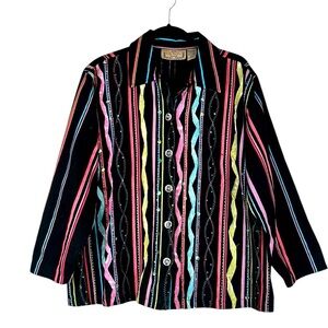 Life Style Woman Black Multi-Colored Striped Artsy Art to Wear Top Size 1X